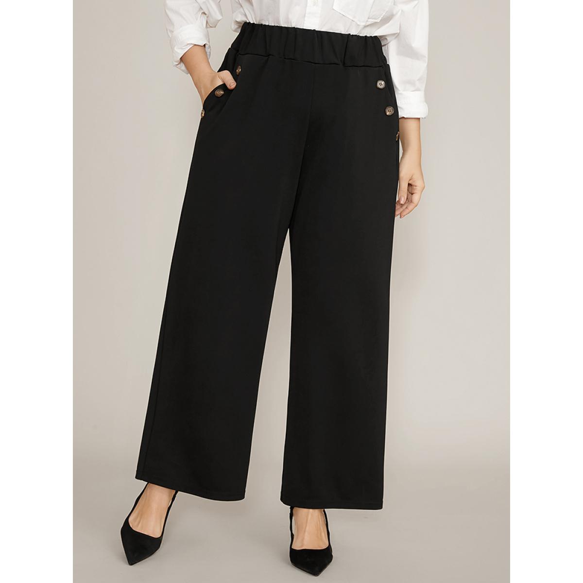 Plus Size Solid Elastic Waist Button Detail Pocket Wide Leg Pants Women Black Office Wide Leg High Rise Office Pants BloomChic 30/6X Product Image