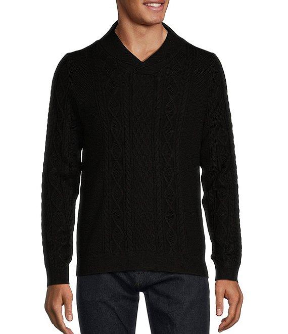 Murano Inflorescence Collection Solid Cable Textured Wool Blend Shawl Collar Sweater Product Image