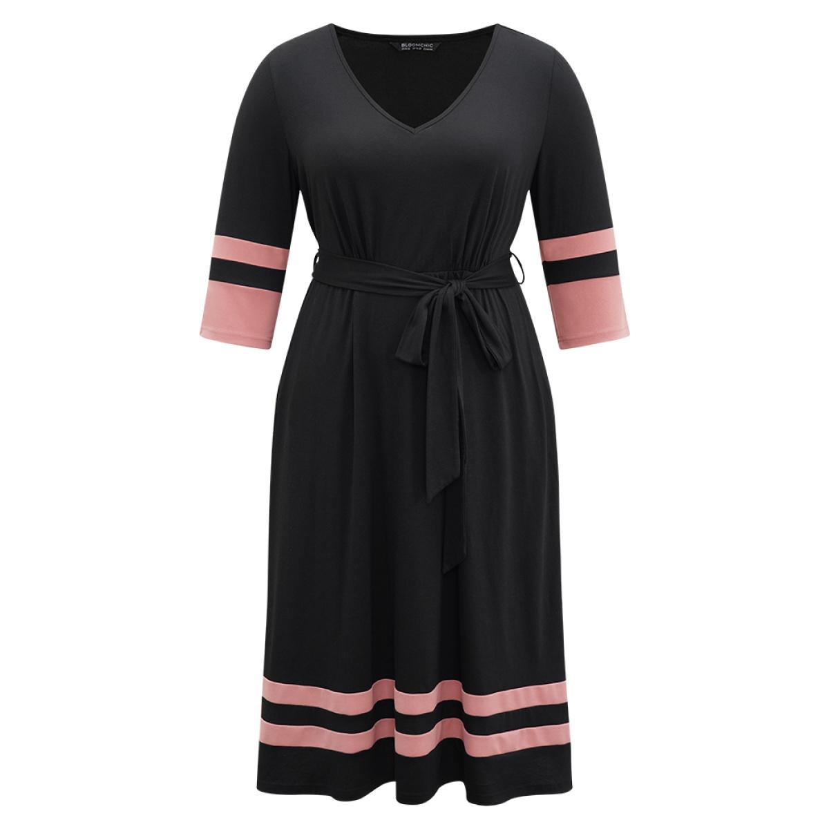 Plus Size Colorblock Contrast Elastic Waist Pocket Belted Dress Black Women Casual Belted V-neck Elbow-length sleeve Curvy Midi Dress BloomChic 18-20/2X Product Image
