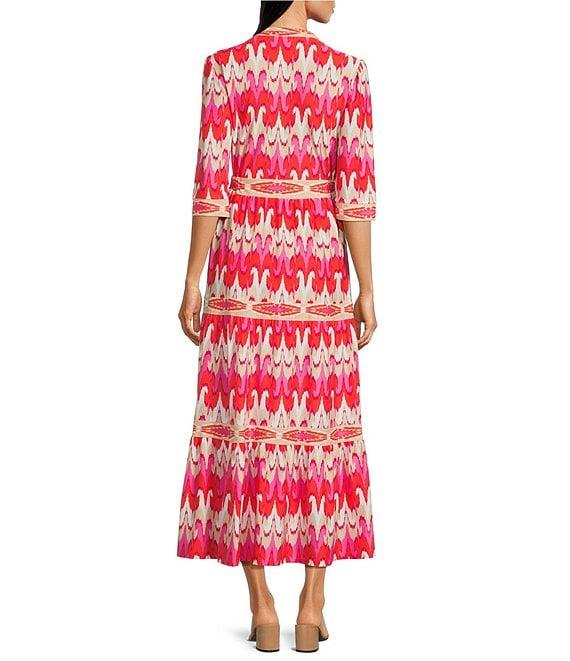 Jude Connally Candy Paradise Ikat Print Jude Cloth Knit V-Neck 3/4 Sleeve A-Line Tiered Maxi Dress Product Image