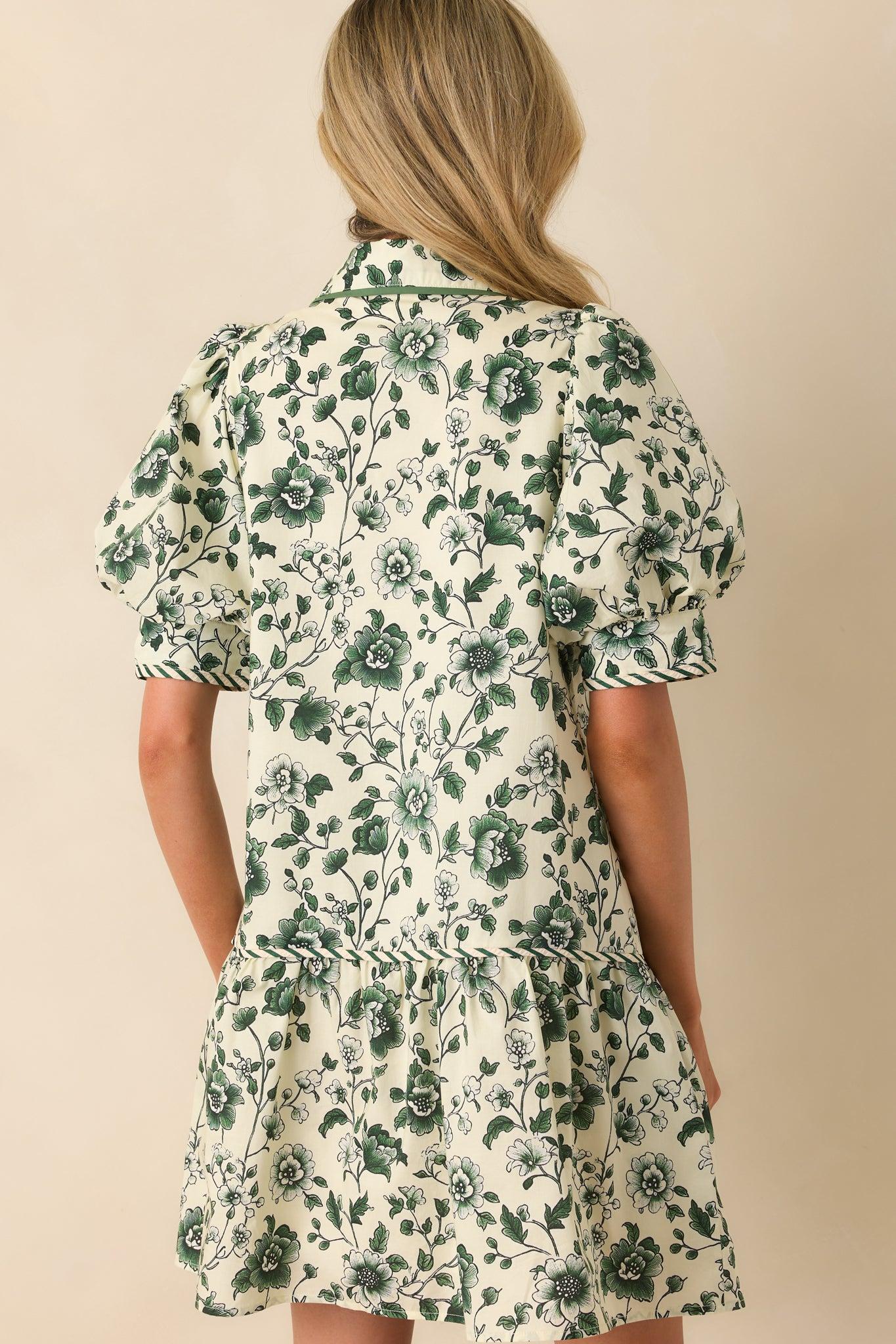 As It Happens Green Floral Print Cotton Puff Sleeve Mini Dress Product Image
