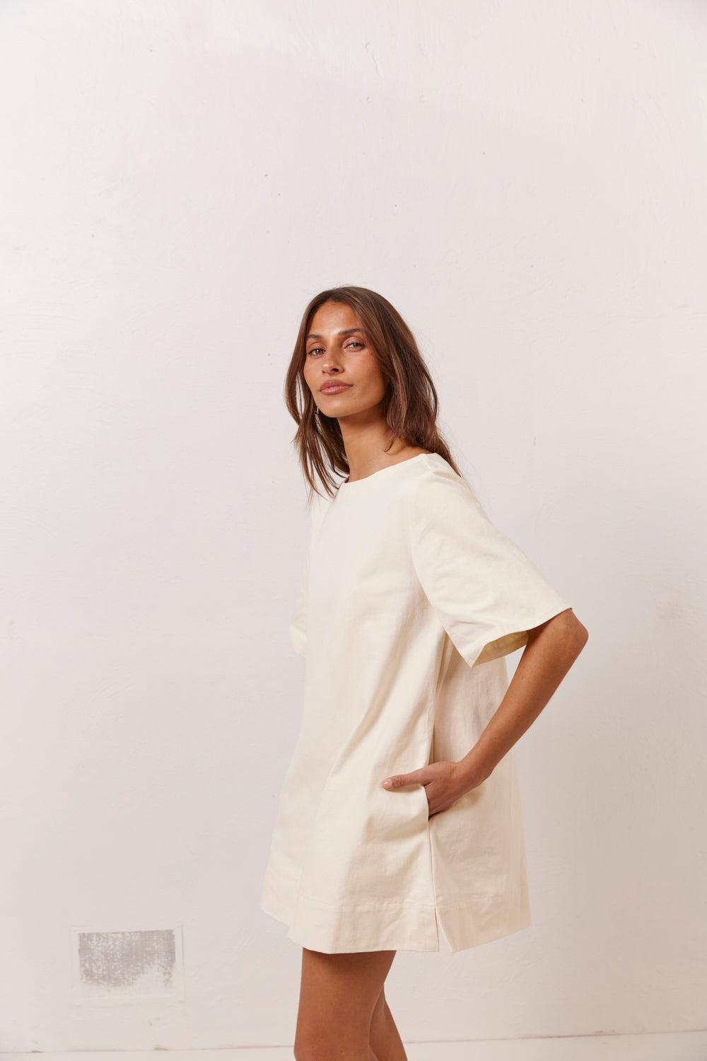 Suki Denim Mini Dress Cream Product Image