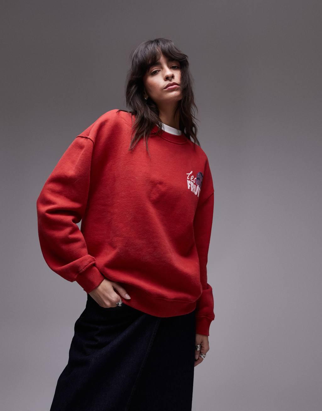 Topshop graphic les fruits oversized sweatshirt in red Product Image