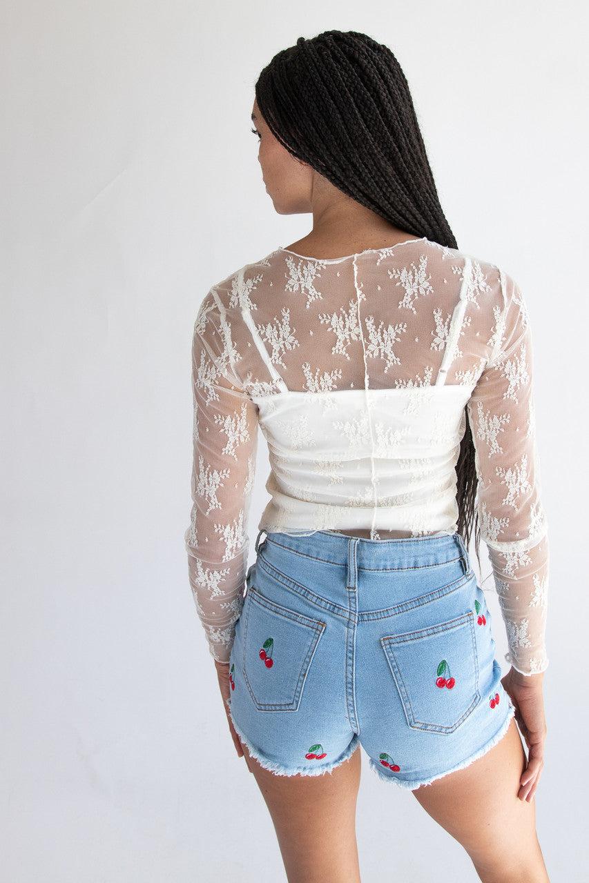 Long Sleeve Mesh Lace Top With Cami Product Image