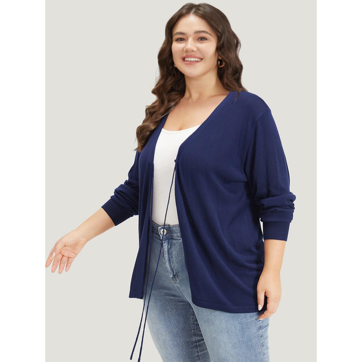 Plus Size Supersoft Essentials Plain Tie Front Elastic Cuffs Cardigan Indigo Women Casual Loose Long Sleeve Everyday Cardigans BloomChic 14-16/1X Product Image