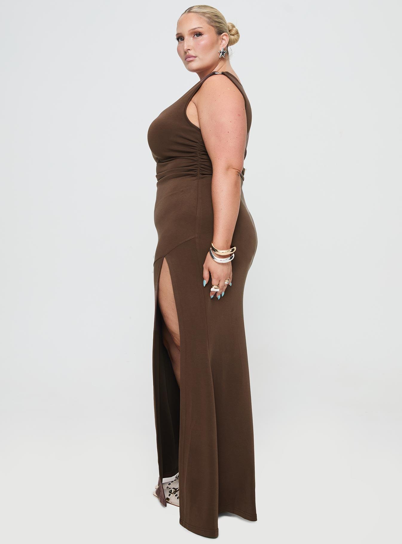 Rios One Shoulder Maxi Dress Brown Curve Product Image