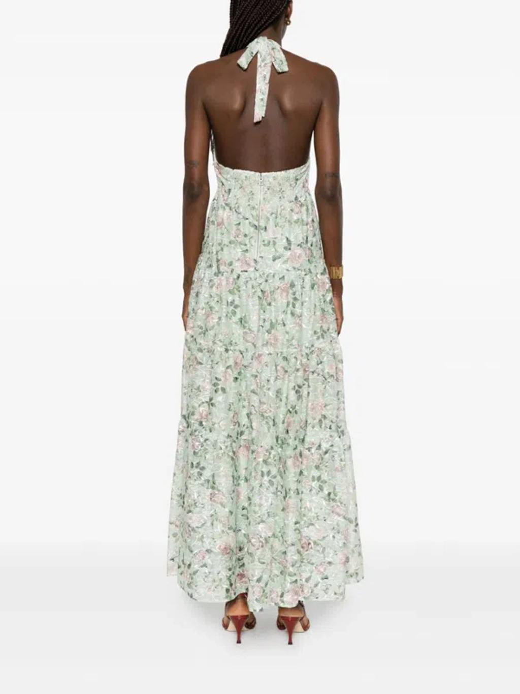 ALICE AND OLIVIA Maura Embroidered Deep V Halter Tiered Maxi Dress In Multi Product Image