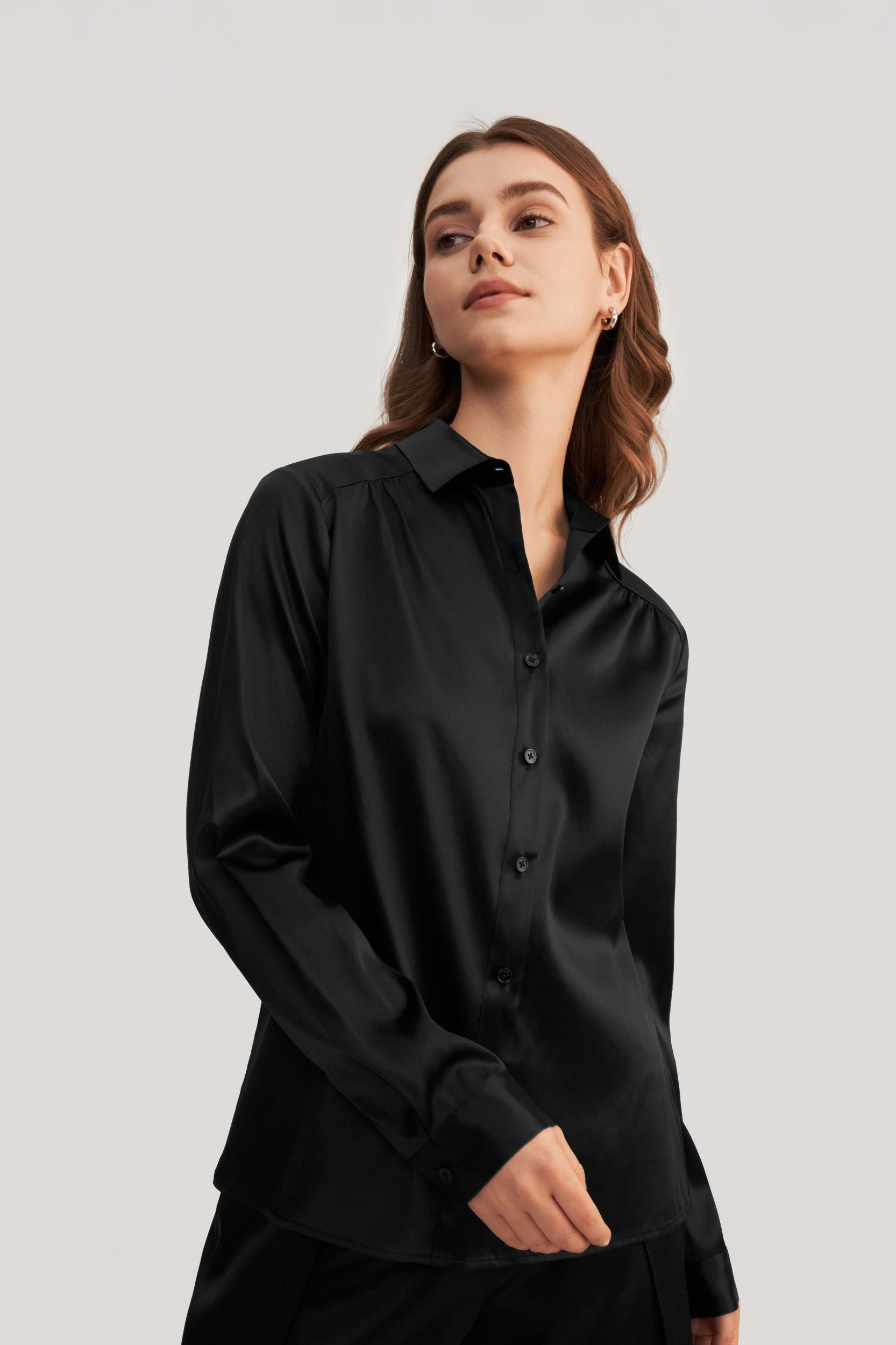 Long Sleeves Collared Silk Blouse Product Image