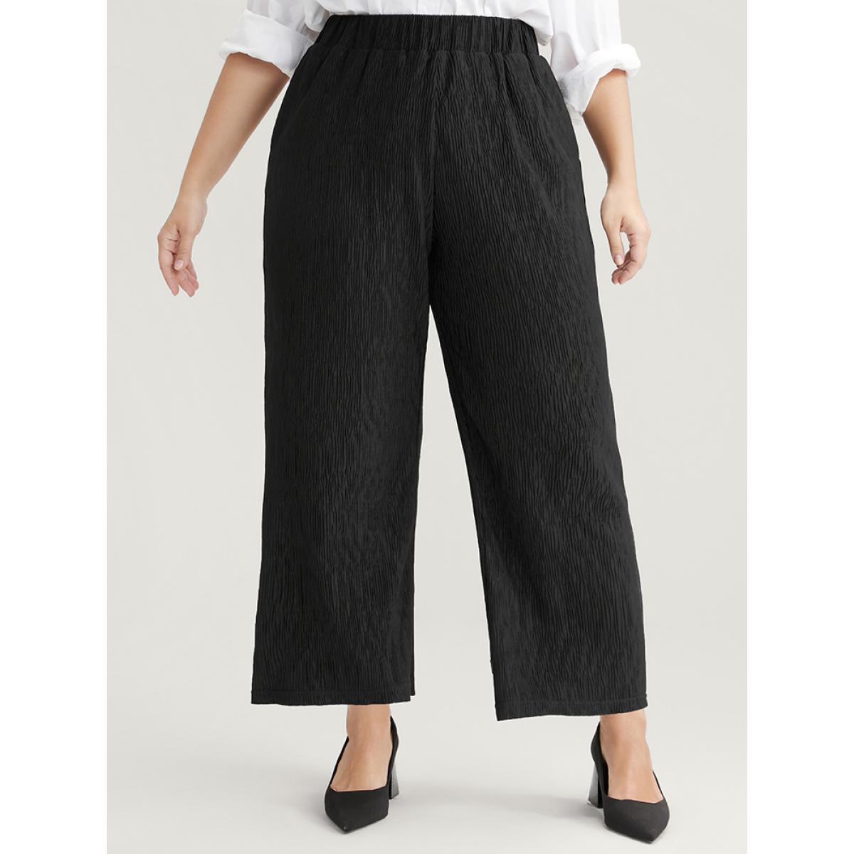 Plus Size Solid Pocket Textured Elastic Waist Pants Women Black Casual Mid Rise Dailywear Pants BloomChic 14-16/1X Product Image