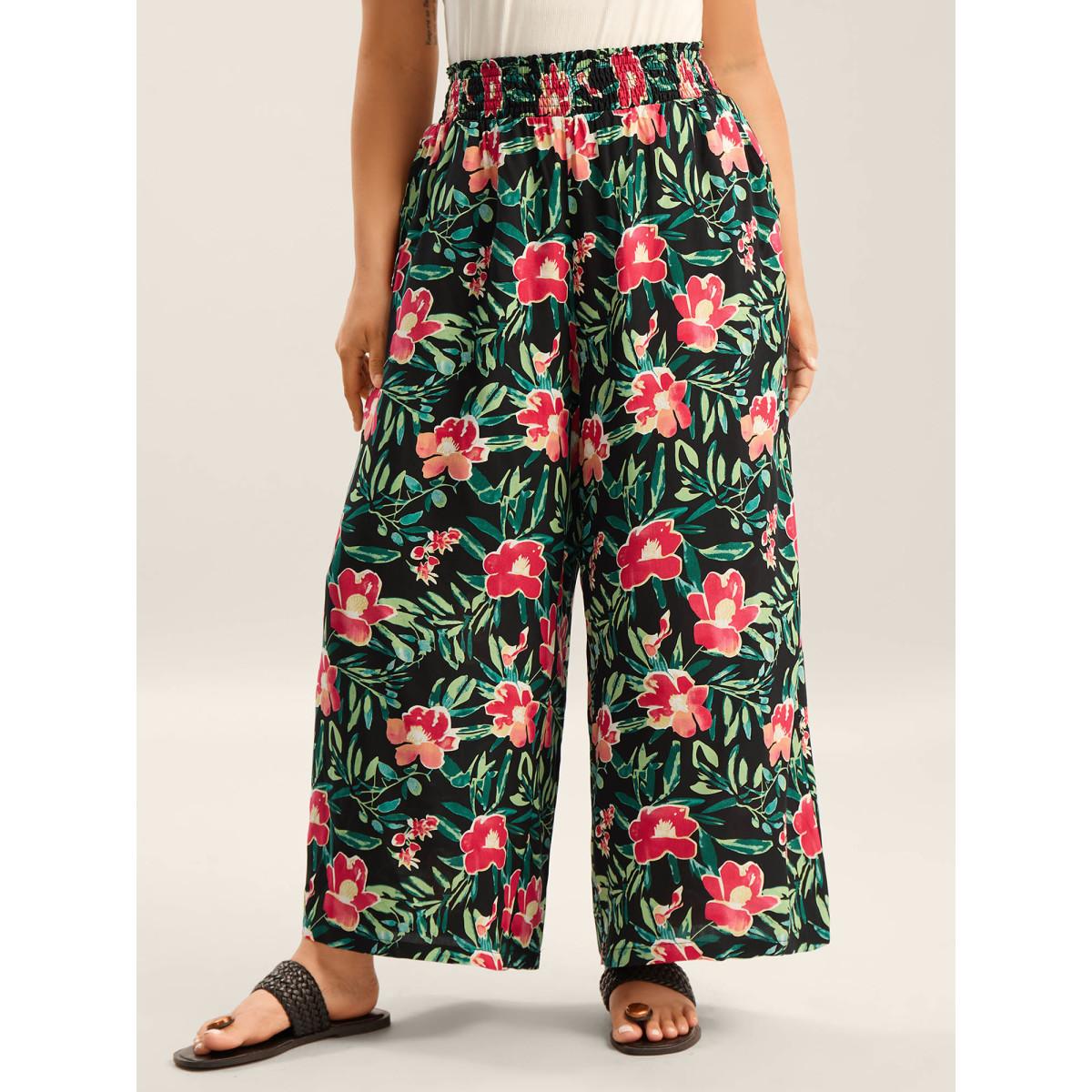 Plus Size Rayon Tropical Floral Print Shirred Wide-Leg Pants Women BlackFlower Resort Wide Leg Mid Rise Vacation Pants BloomChic 18-20/2X Product Image