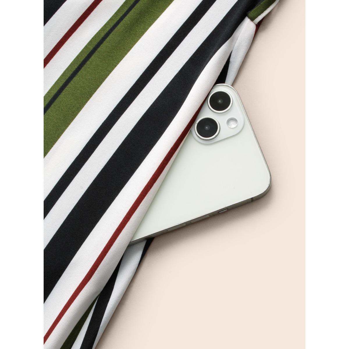 Plus Size Striped Tab Sleeve Arc Hem Dress Multicolor Women Workwear Essentials Belted Shirt collar Elbow-length sleeve Curvy BloomChic 26/4X Product Image