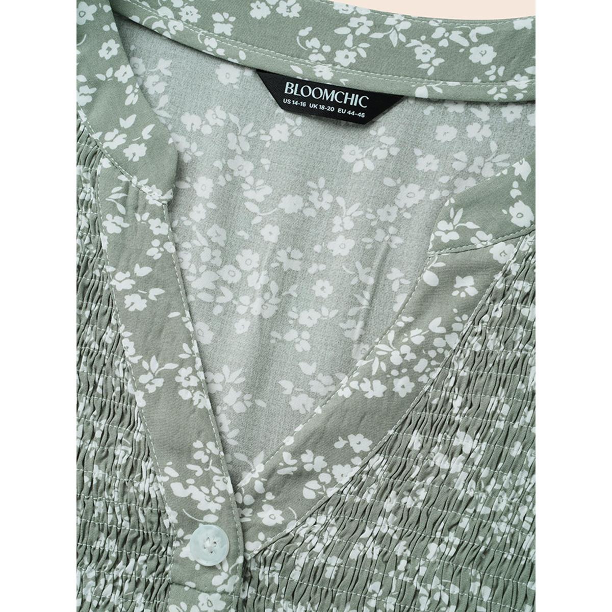 Plus Size Greenbean Ditsy Floral Pleated Button Detail Blouse Women Elegant Elbow-length sleeve Flat collar with V-notch Everyday Blouses BloomChic 30/6X Product Image