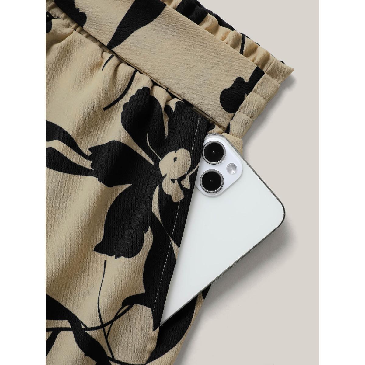 Plus Size Large Flower Print Belted Straight-Leg Shorts Women LightBrown Elegant Tie knot Straight Leg Everyday-Elegant Shorts BloomChic 28/5X Product Image