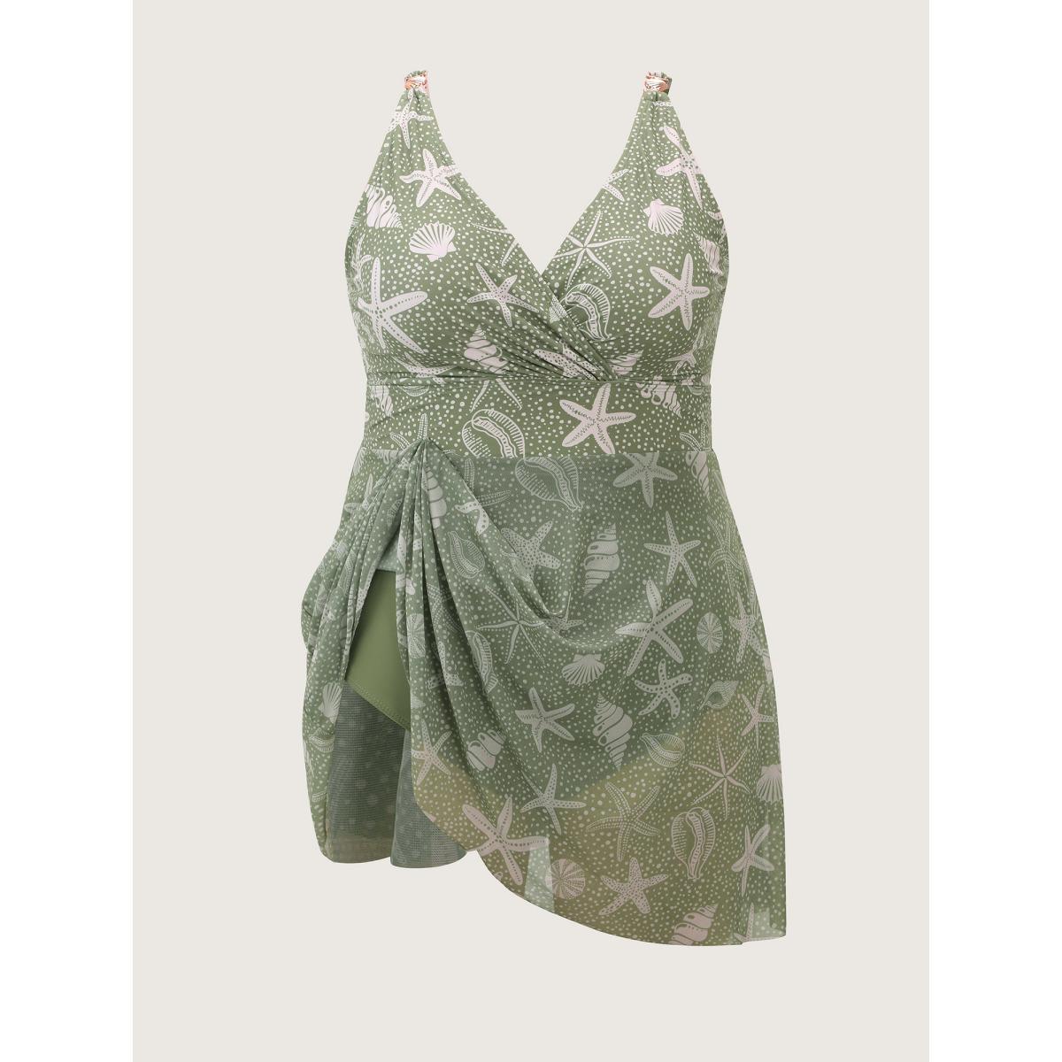 Plus Size Ocean Print Metal Buckle Swim Dress Women's Swimwear Sage Resort Bodycon Overlap Collar High stretch Curve Swim Dresses BloomChic 22-24/3X Product Image