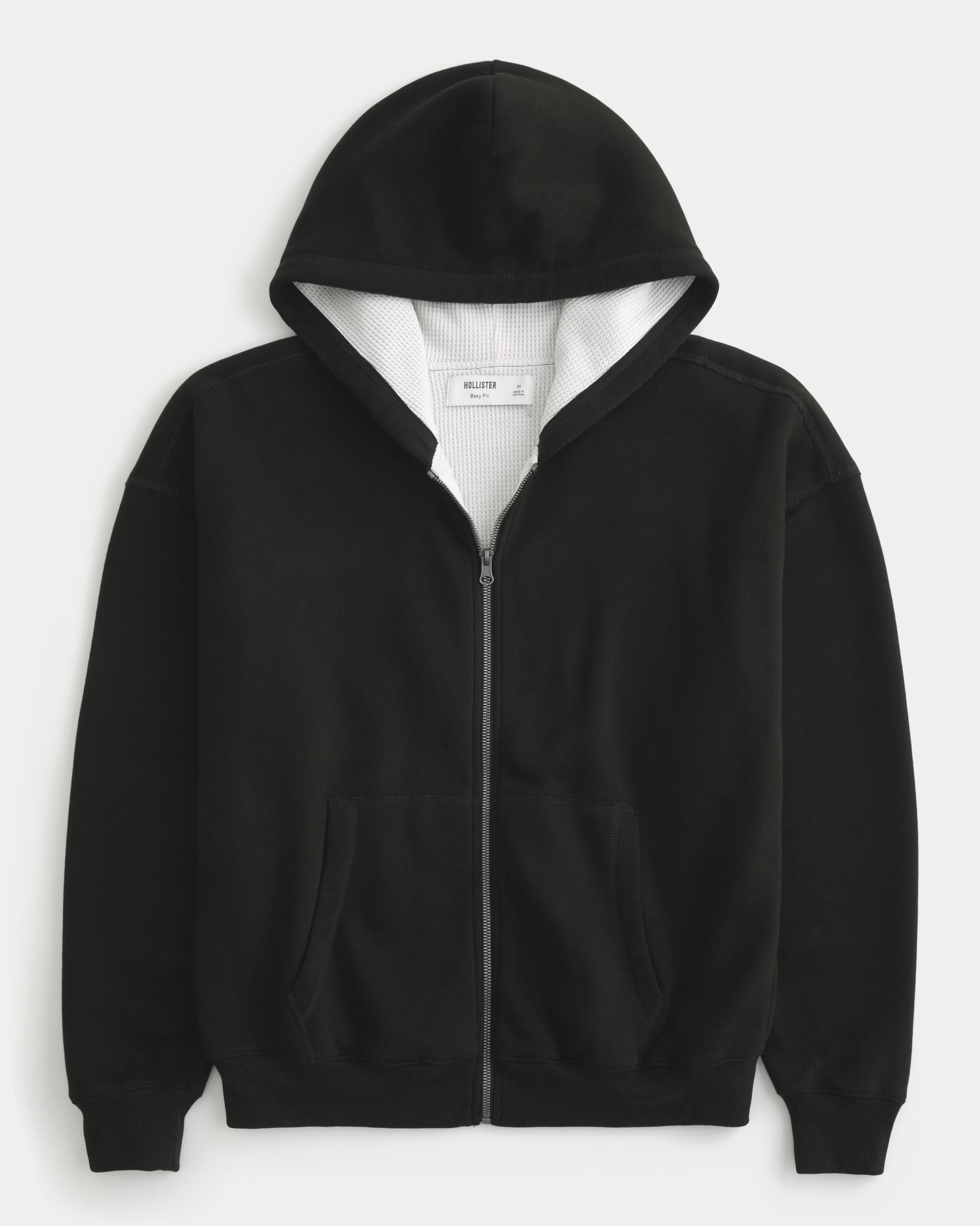 Boxy Waffle-Lined Zip-Up Hoodie Product Image