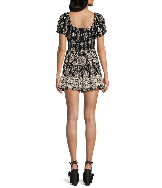 Angie Printed V-Neck Short Sleeve Tie Front Romper Product Image