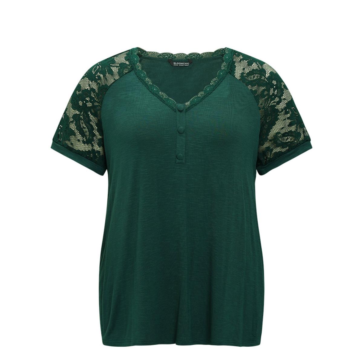 Plus Size Plain Button Detail Lace Heather T-shirt DarkGreen Women Elegant Heather Plain V-neck Dailywear T-shirts BloomChic 10/M Product Image