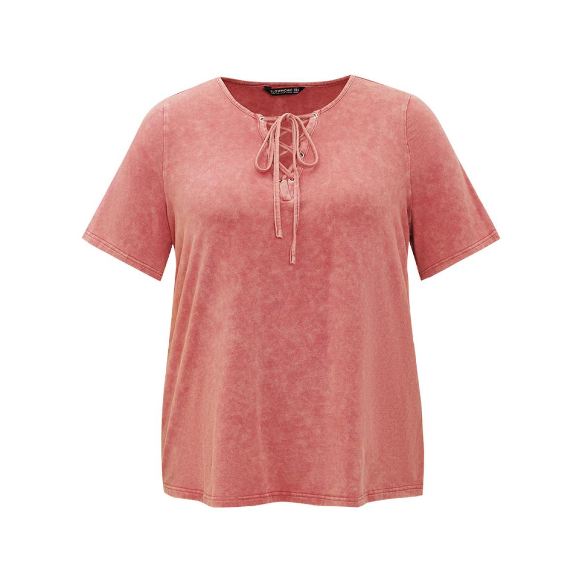 Plus Size Solid Lace Up Crew Neck Vintage T-shirt Rust Women Casual Cross straps Plain Round Neck Dailywear T-shirts BloomChic 12/L Product Image