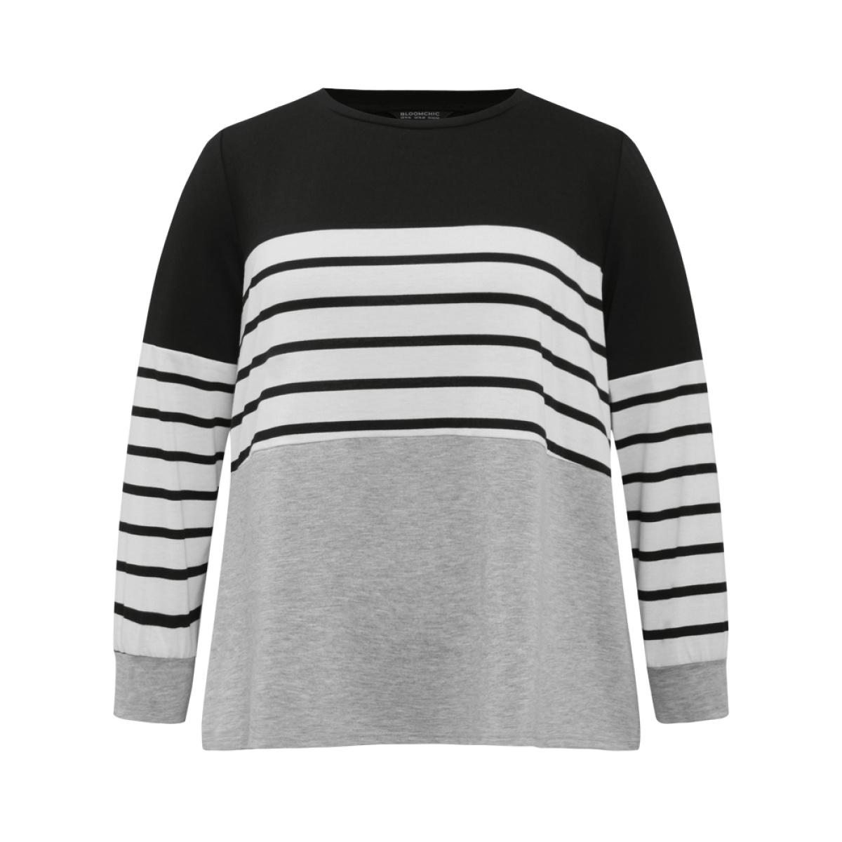 Plus Size Striped Patchwork Contrast Slight Crew Neck Sweatshirt Women Black Casual Contrast Round Neck Dailywear Sweatshirts BloomChic 18-20/2X Product Image