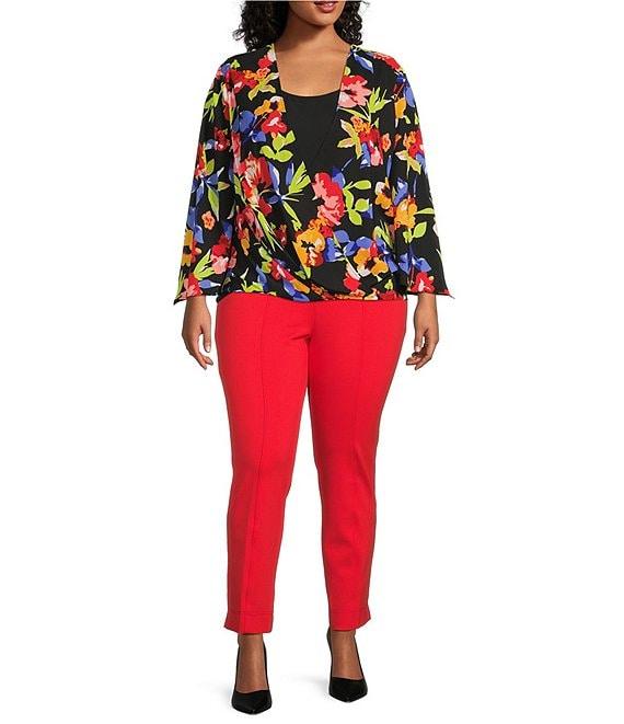 Slim Factor by Investments Plus Size Spring Bloom Print 3/4 Flare Sleeve Scoop Neck Crossover Top Product Image