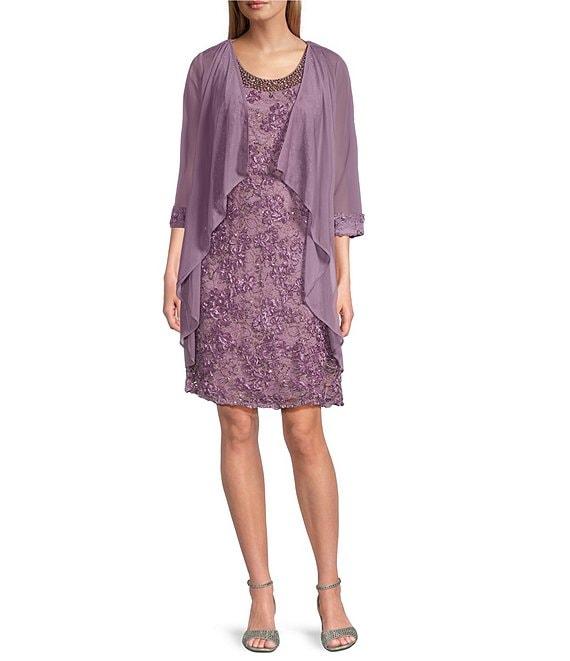 R & M Richards 3/4 Sleeve Beaded Crew Neck Lace 2-Piece Jacket Dress Product Image