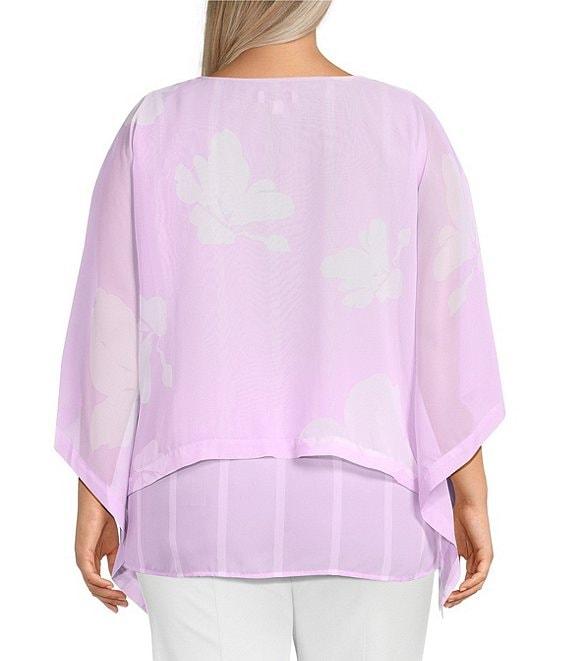 Slim Factor by Investments Plus Size Floral Print Chiffon 3/4 Sleeve Crew Neck Double Layer Top Product Image