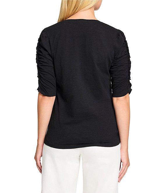 NIC + ZOE Cotton Knit Slub Split V-Neck Short Ruched Sleeve Tee Shirt Product Image