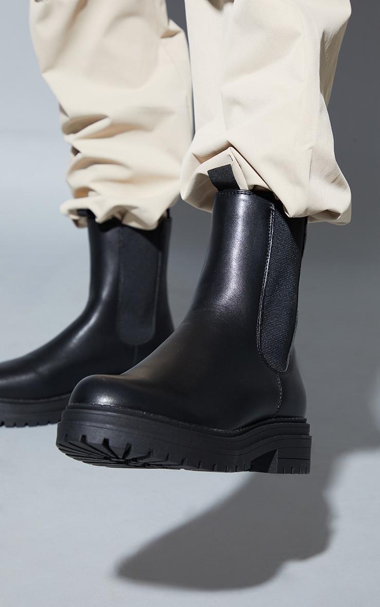 Black  Pu Chunky Sole Elastic Chelsea Ankle Boots Product Image