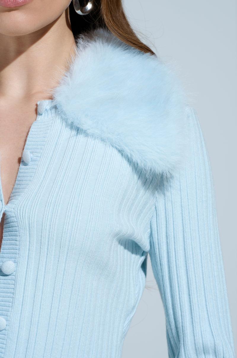 ANGEL EYES FUR TRIM CARDIGAN IN BLUE Product Image