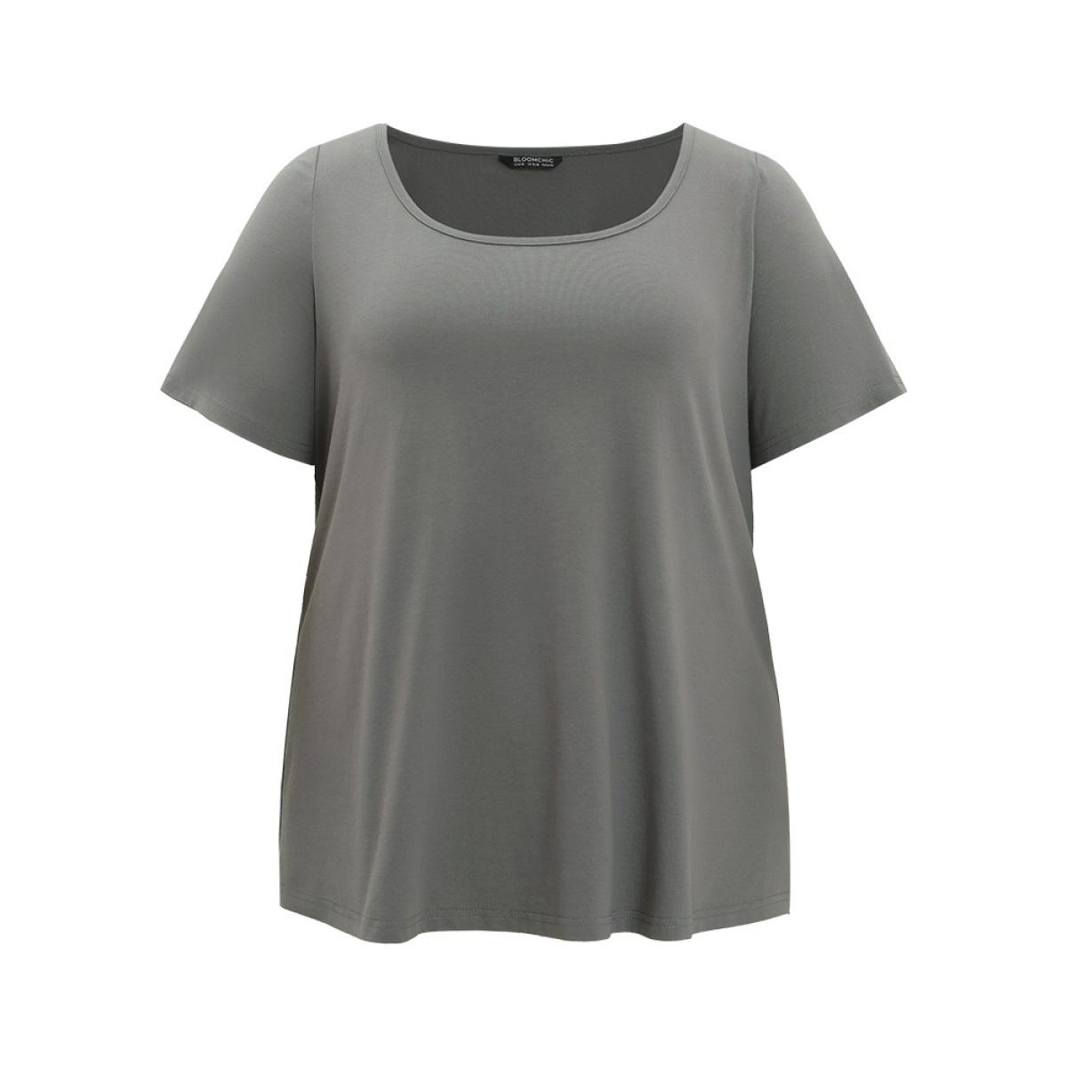 Plus Size UltraCool Plain Short Sleeve Scoop Neck T-shirt DimGray Women Basics Plain Scoop Neck Dailywear T-shirts BloomChic 10/M Product Image