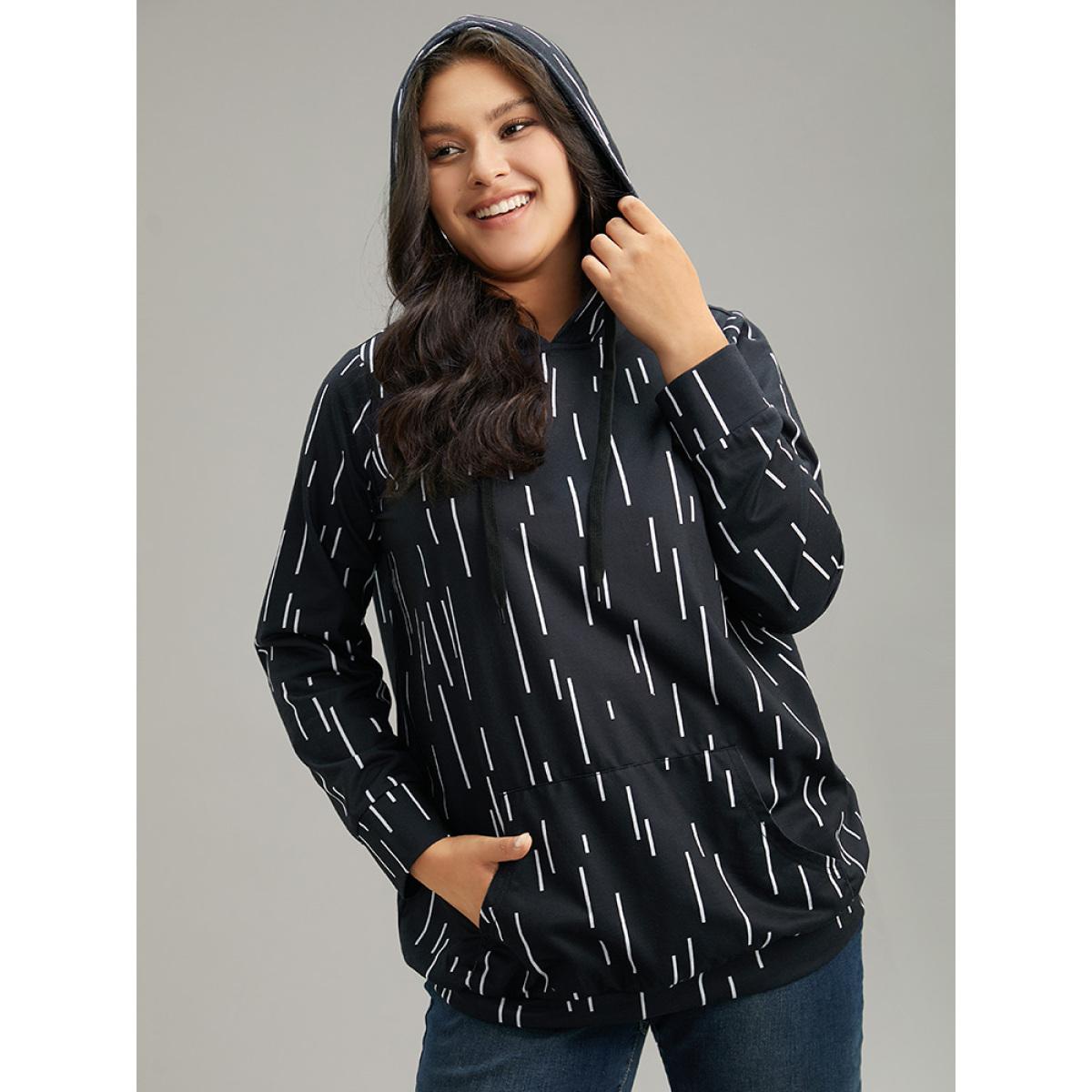 Plus Size Striped Asymmetrical kangaroo pocket Hooded Sweatshirt Women Black Casual Printed Hooded Dailywear Sweatshirts BloomChic 30/6X Product Image