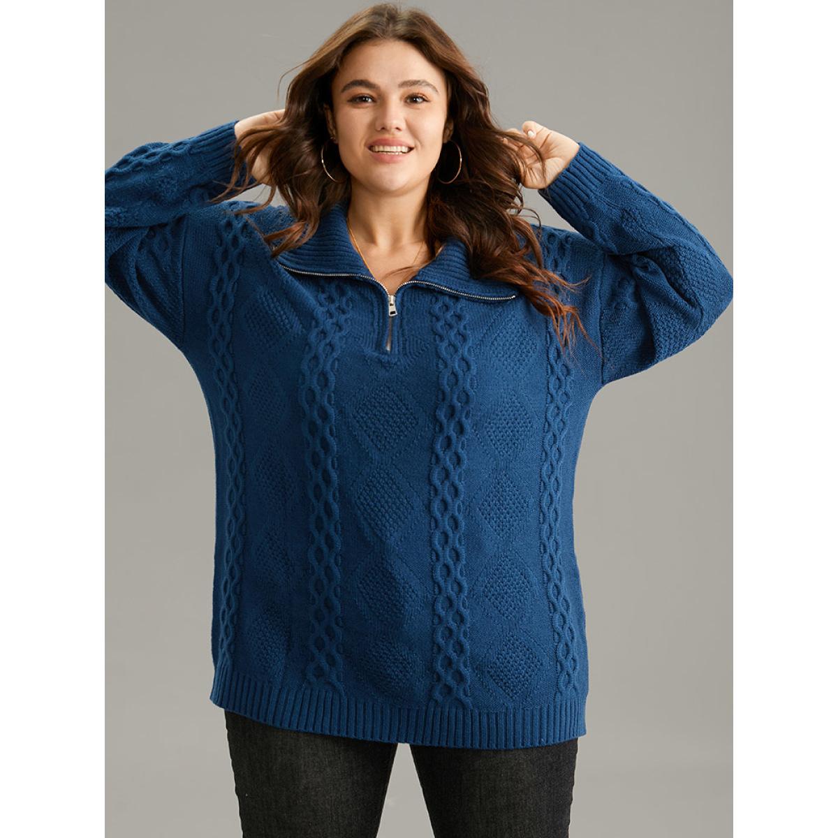 Plus Size Zipper Lapel Collar Cable Knit Pullover Indigo Women Casual Loose Long Sleeve Lapel Collar Dailywear Pullovers BloomChic 28/5X Product Image