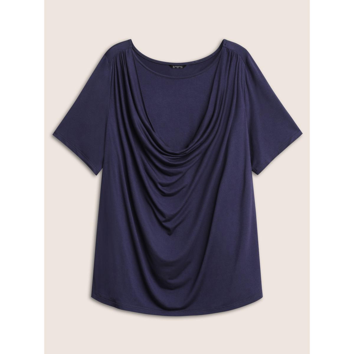 Plus Size Solid Cowl Neck Gathered T-shirt Indigo Women Elegant Non Plain Cowl Neck Everyday T-shirts BloomChic 18-20/2X Product Image