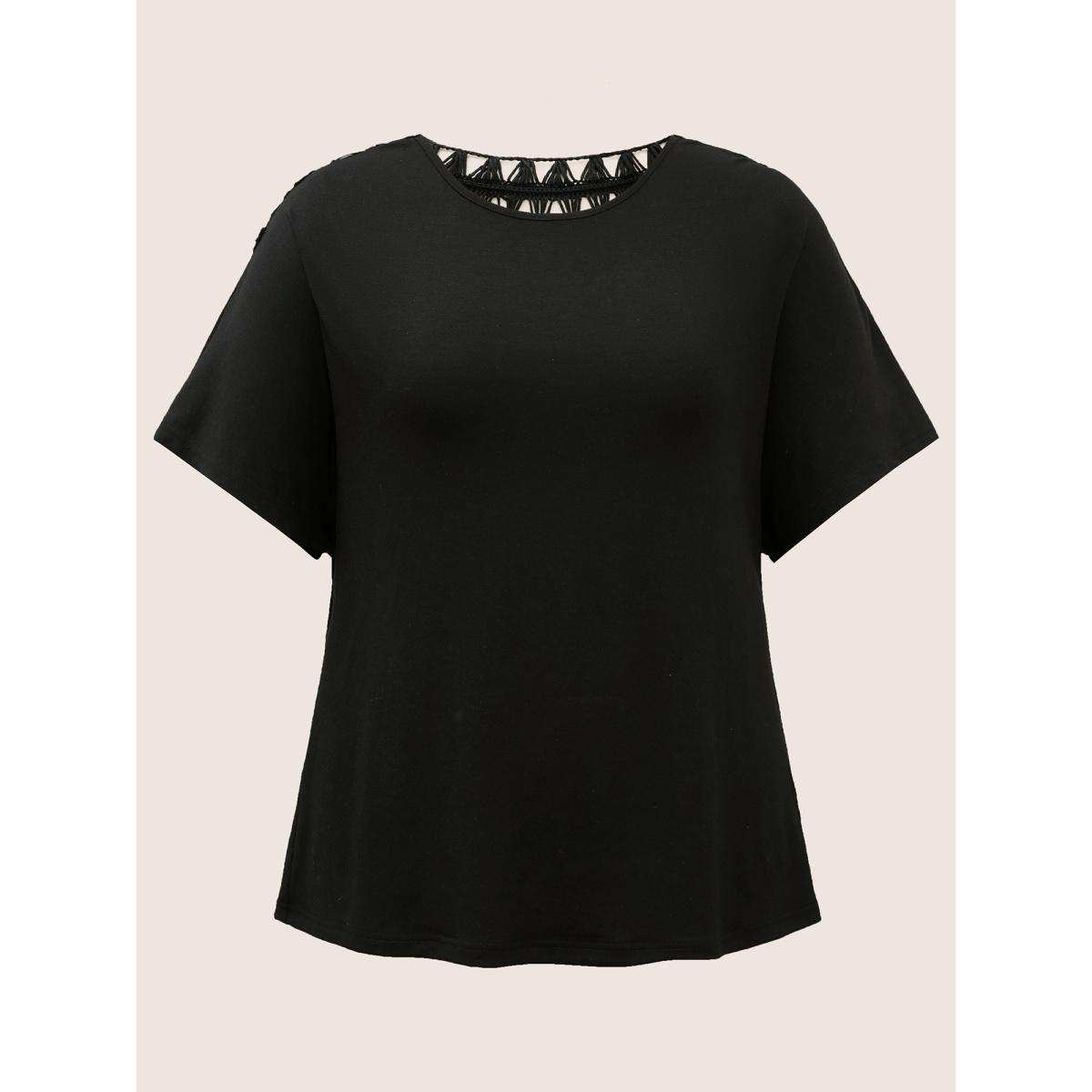 Plus Size Solid Crew Neck Cut Out Patchwork T-shirt Black Women Elegant Patchwork Round Neck Everyday T-shirts BloomChic 12/L Product Image