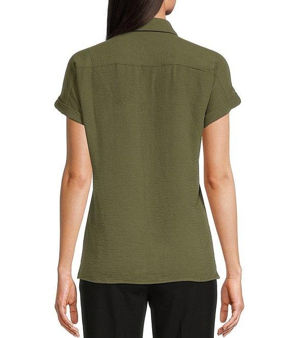 Calvin Klein Puckered Woven Short Cuffed Sleeve Button Front Point Collar Top Product Image