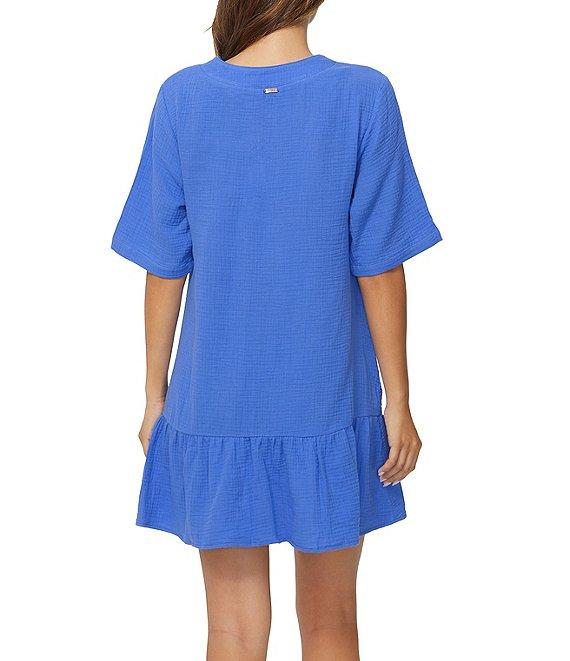 Raisins Solid Sol Flowy V-Neck Ruffle Hem Swim Cover-Up Dress Product Image