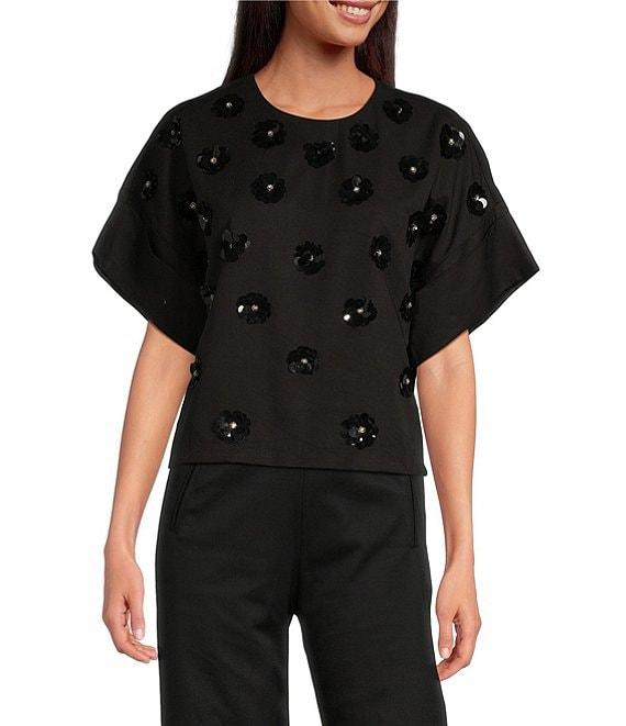 COREY LYNN CALTER Juni Woven Embroidered Sequin Crew Neck Short Sleeve Top Product Image