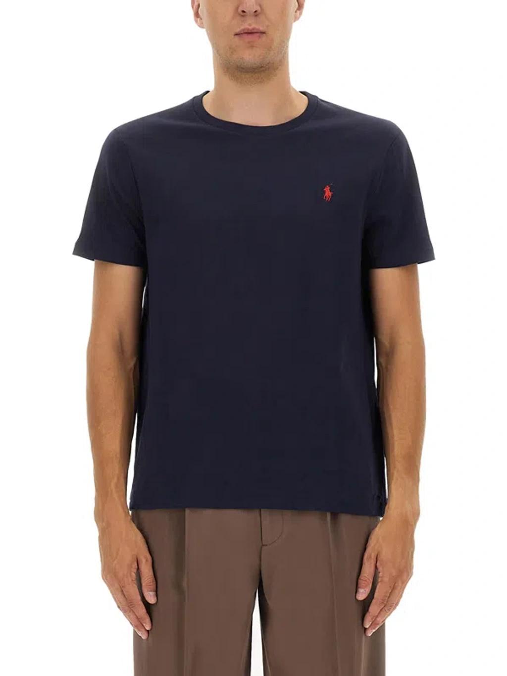 POLO RALPH LAUREN Custom Slim Fit Blue Crewneck T-shirt With Pony Embroidery On The Front In Cotton Man Product Image