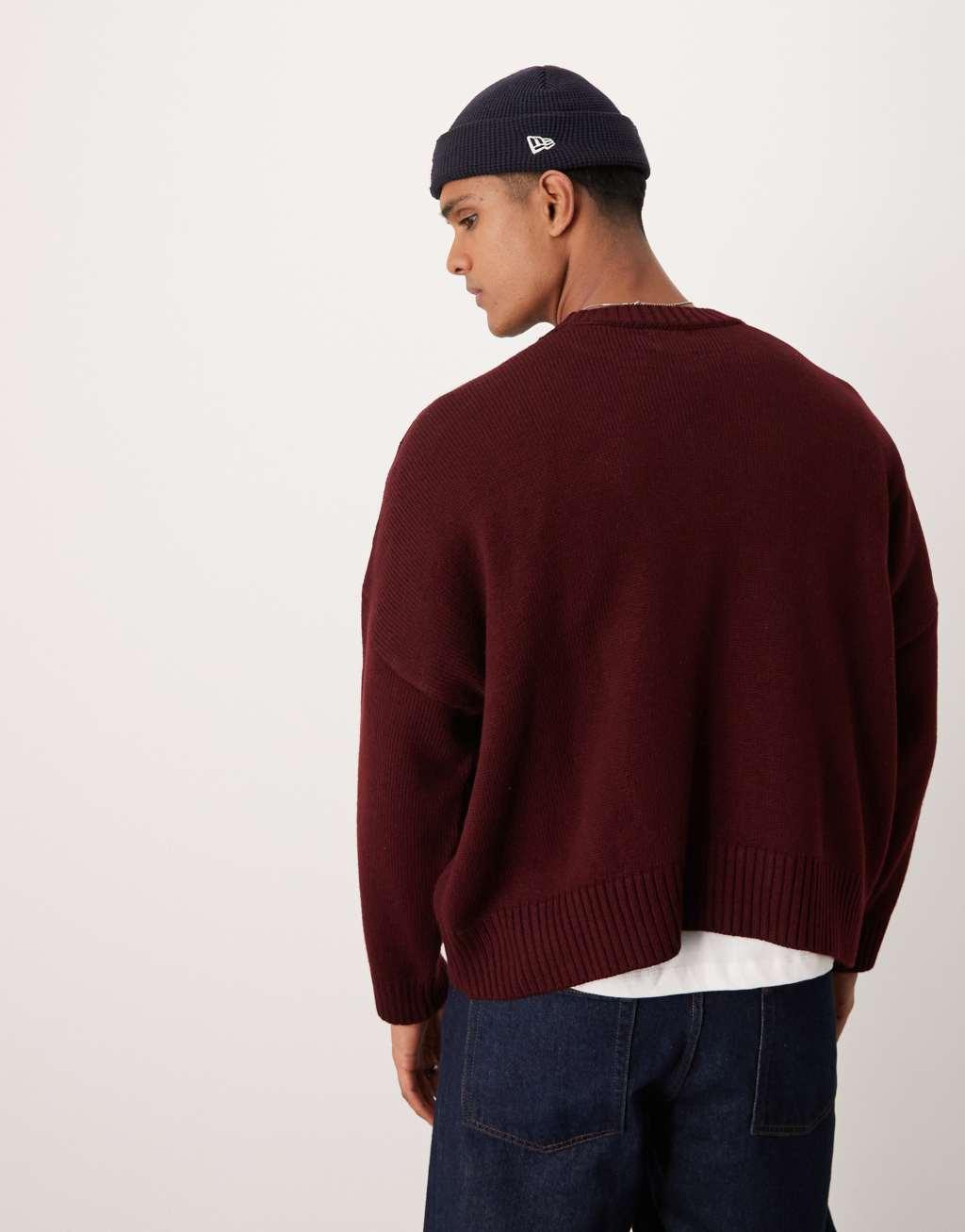 ASOS DESIGN super oversized boxy fit knitted sweater in burgundy Product Image