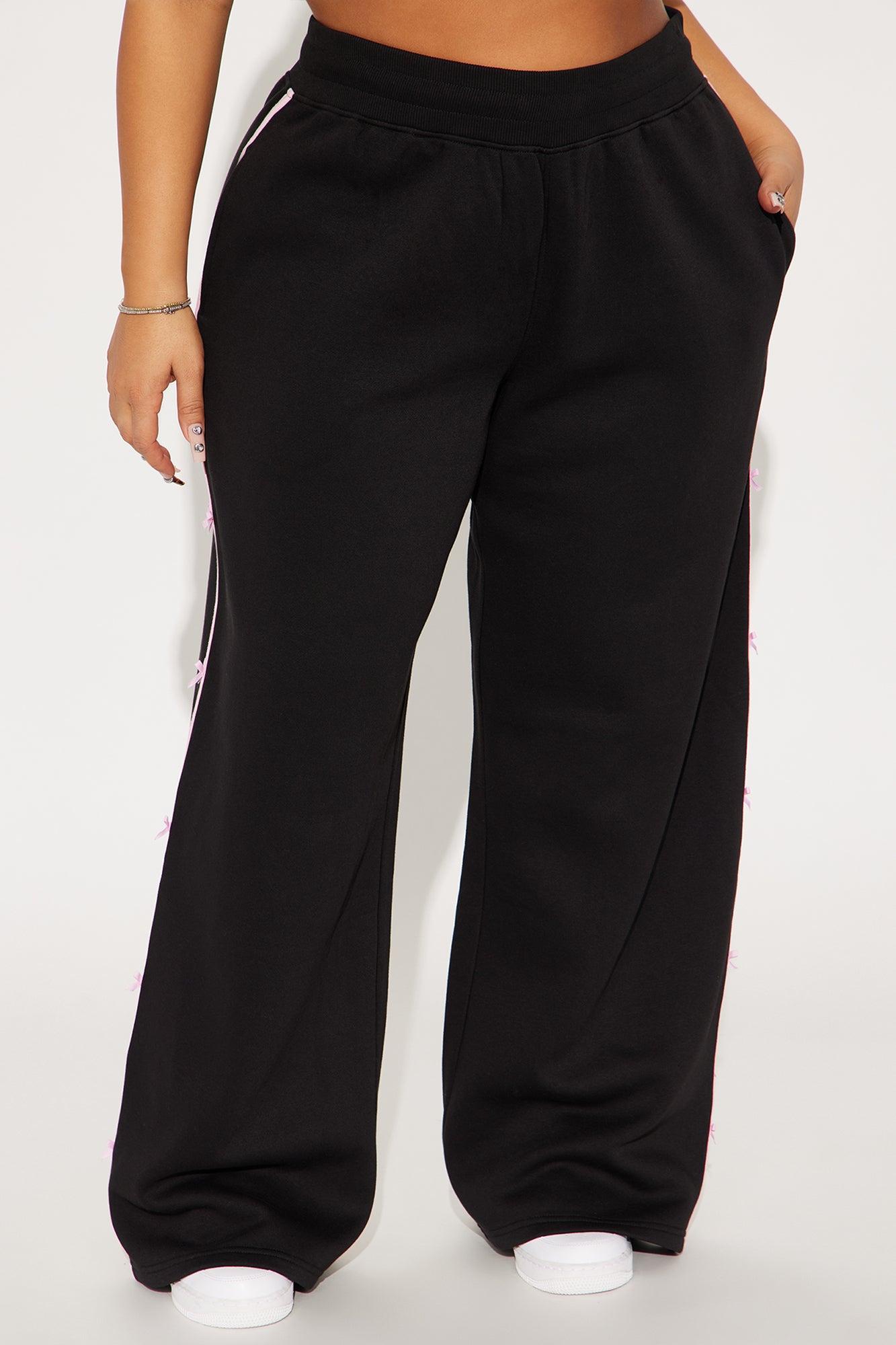 Sara Wide Leg Striped Fleece Pant - Black Product Image