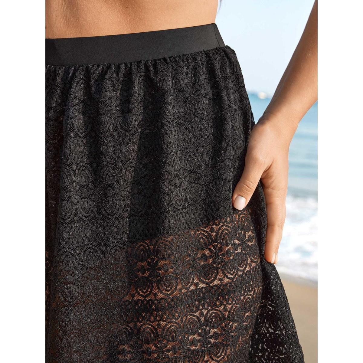Plus Size Eyelet Trim Lace Pleated Swim Bottoms Women's Swimwear Black Beach Gathered High stretch Bodycon High Rise Curve Swim Bottoms BloomChic 18-20/2X Product Image
