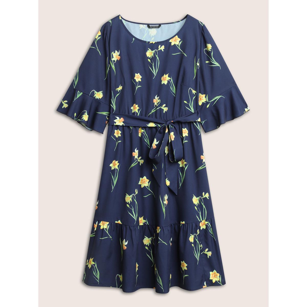 Plus Size Floral Print Belted Gathered Bell Sleeve Dress DarkBlue Women Elegant Non Round Neck Elbow-length sleeve Curvy Midi Dress BloomChic 10/M Product Image