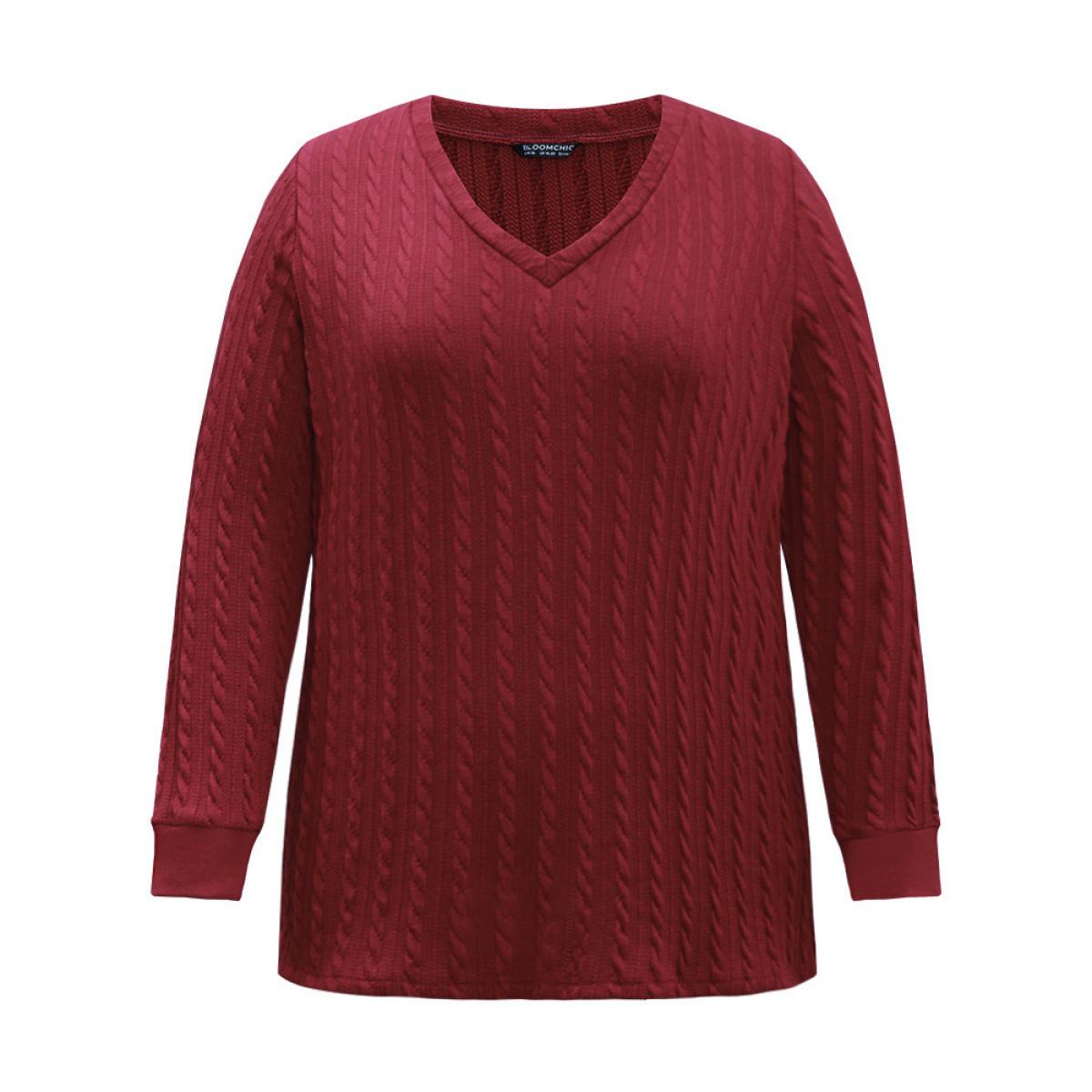 Plus Size Rib Knit Plain Elastic Cuffs Sweatshirt Women Scarlet Elegant Rib Knit V-neck Dailywear Sweatshirts BloomChic 26/4X Product Image