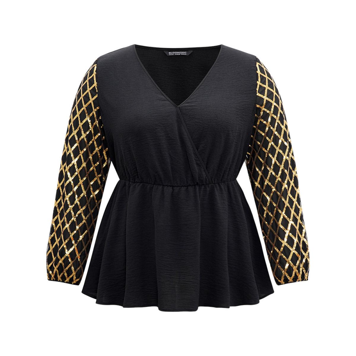 Plus Size Black Plaid Sequin Patchwork Wrap Blouse Women Glamour Long Sleeve Overlap Collar Festival-Christmas Blouses BloomChic 18-20/2X Product Image
