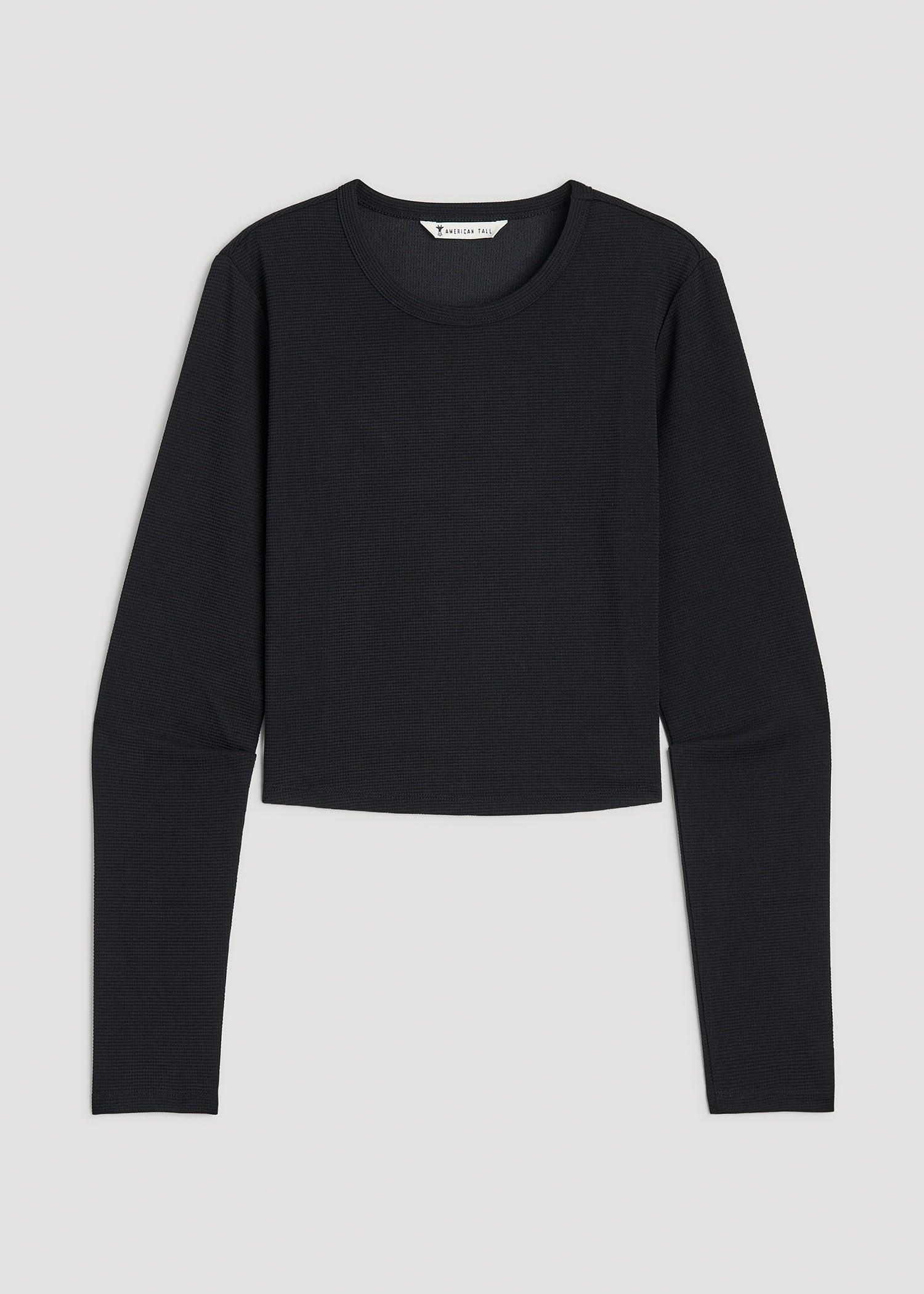 Cropped Long Sleeve Waffle Shirt for Tall Women in Black Female Product Image
