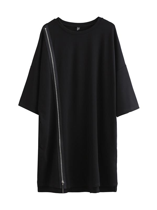 Original Black Zipper Batwing Sleeve Round-Neck Mini Dress Product Image