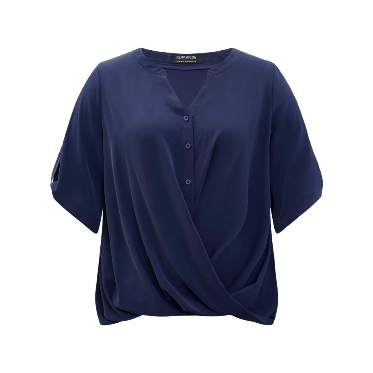 Plus Size Indigo Solid Button Up Notched Crossover Hem Blouse Women Office Elbow-length sleeve Notched collar Work Blouses BloomChic 14-16/1X Product Image