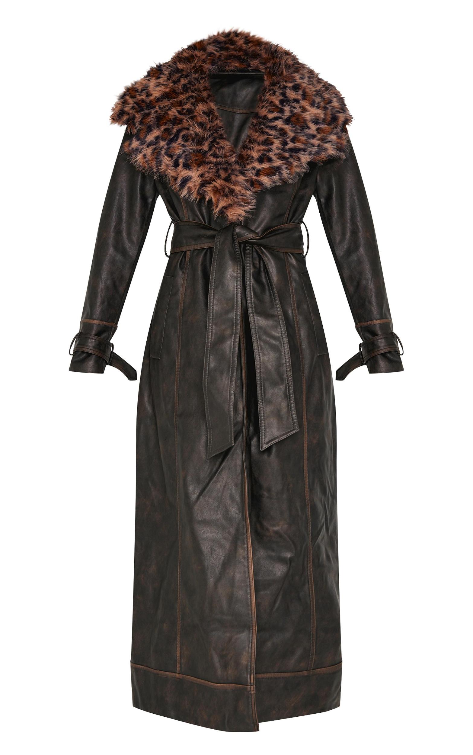 Washed Brown Detachable Leopard Faux Fur Trim PU Trench Coat Product Image