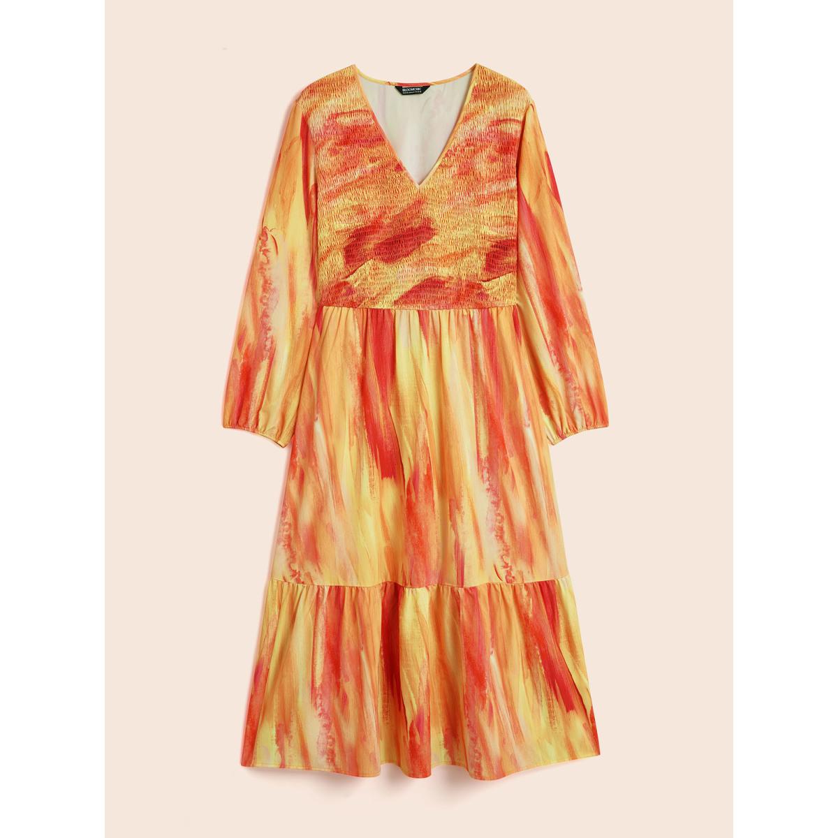 Plus Size Gradient Dyeing Shirred Ruffle Hem Dress Multicolor Women Elegant Gathered V-neck Long Sleeve Curvy BloomChic 22-24/3X Product Image