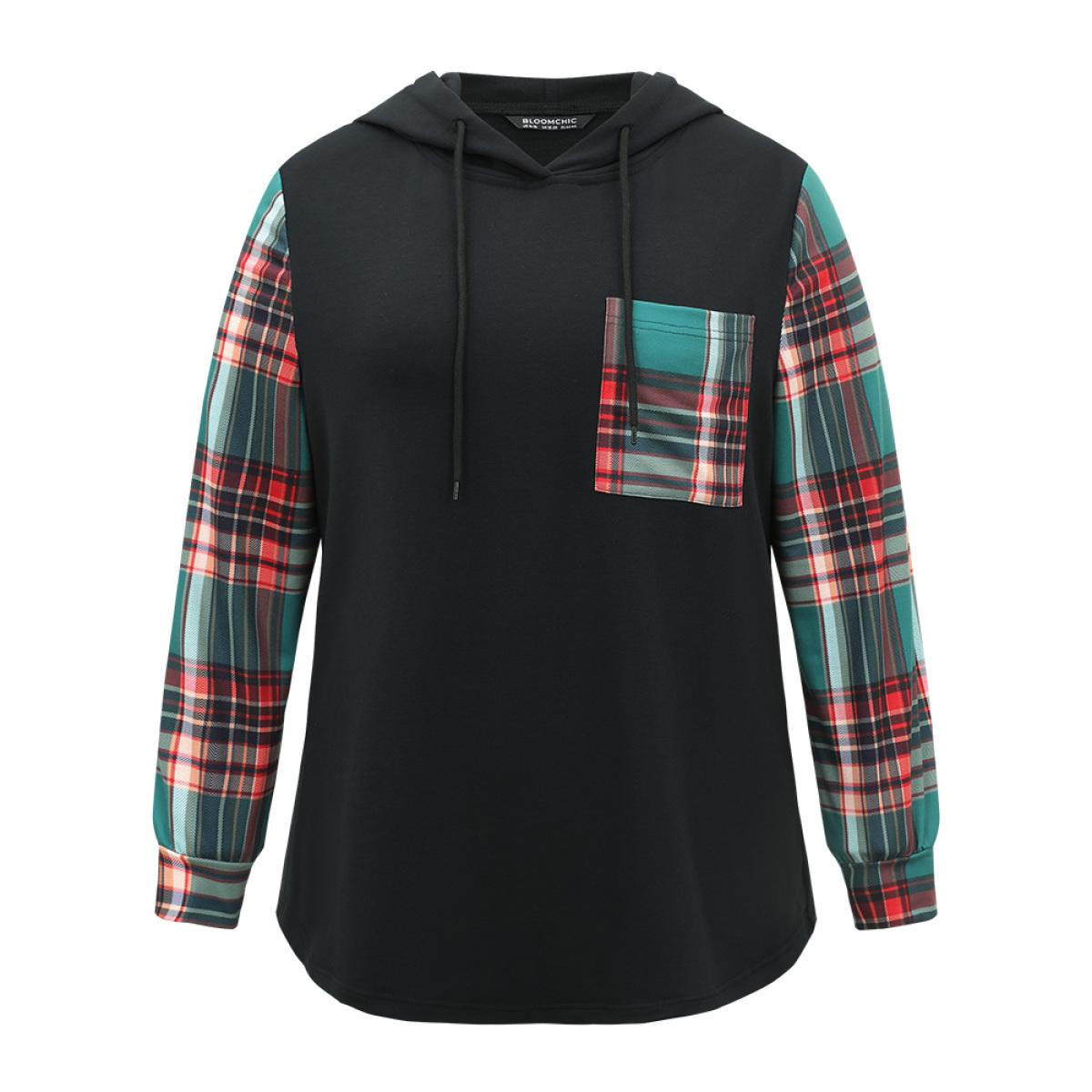 Plus Size Plaid Patchwork Hooded Patched Pocket Sweatshirt Women Black Casual Contrast Hooded Festival-Christmas Sweatshirts BloomChic 10/M Product Image